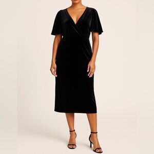 H&M Womens Black Velvet Reversible Neckline Flutter Sleeve Midi Dress Size Small